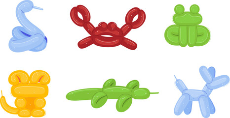 Set of colorful balloon animals including snake, crab, frog, lion, caterpillar, and dog. Children's party entertainment and balloon artistry vector illustration.