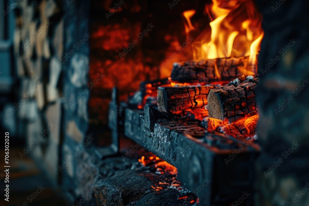 Poster a close up view of a roaring fire in a fireplace. perfect for adding warmth and coziness to any proj