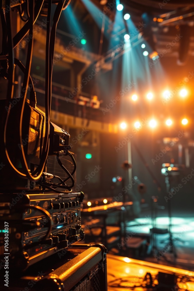 Aufkleber An empty stage illuminated by a multitude of bright lights. Perfect for showcasing performers or creating a dramatic atmosphere.