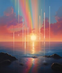 sunset over the sea with rainbow rays