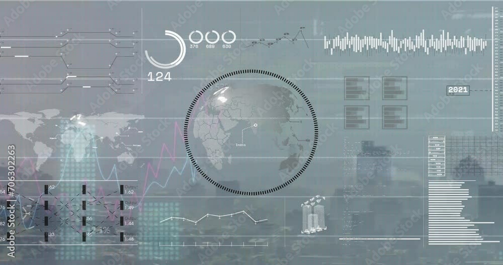Poster animation of diagrams, globe and data processing over cityscape