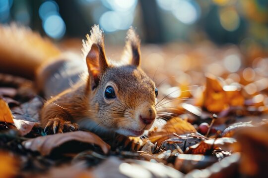 A close-up photograph of a squirrel sitting on a pile of leaves. This image can be used to depict wildlife, nature, or autumn scenes