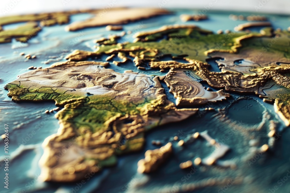 Poster a detailed close-up view of a map of the world. perfect for educational materials or travel-related 