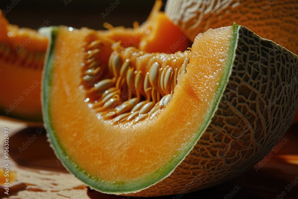 Poster A close-up view of a sliced melon on a table. Perfect for food and nutrition-related projects