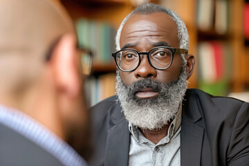 Close-up image of a serious elderly African American man with glasses listening intently during a conversation indoors. - obrazy, fototapety, plakaty