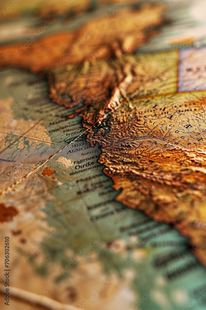 Poster a detailed close-up of a map lying on a table. perfect for travel, exploration, and adventure themes