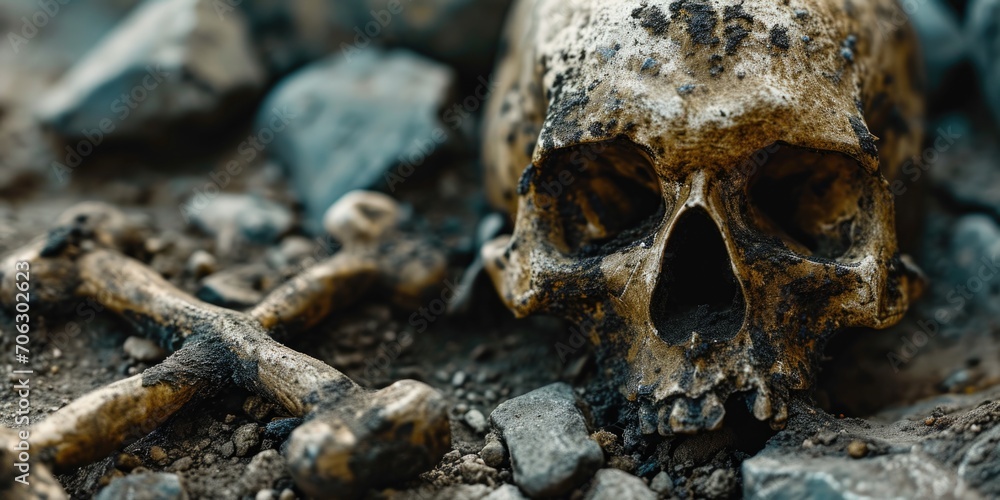 Poster a close up view of a skull and bones lying in the dirt. this image can be used to depict themes of d