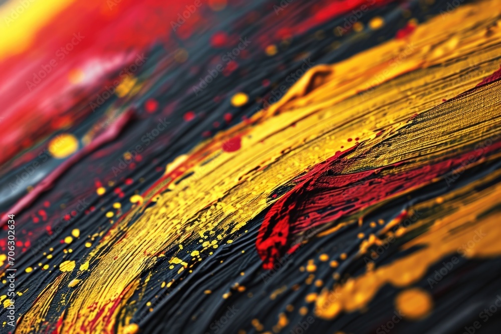 Poster A detailed close-up of a painting featuring vibrant yellow and red paint. This image can be used to add a pop of color and artistic flair to various design projects