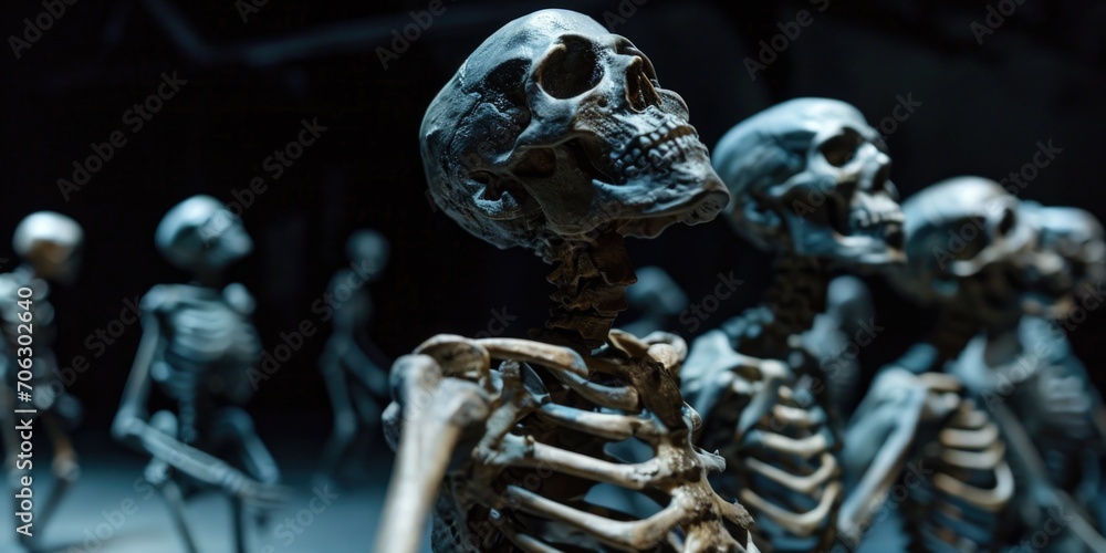 Poster a group of skeletons standing in a row. perfect for halloween decorations or spooky-themed projects