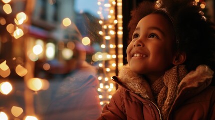 A young girl with a smile on her face looking out of a window. Can be used to depict happiness, curiosity, or daydreaming