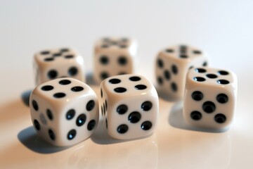 Six white dice sitting on top of a table. Great for casino or gambling themes