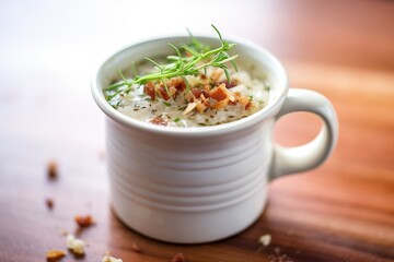 clam chowder with bacon bits and thyme, in a mug - obrazy, fototapety, plakaty