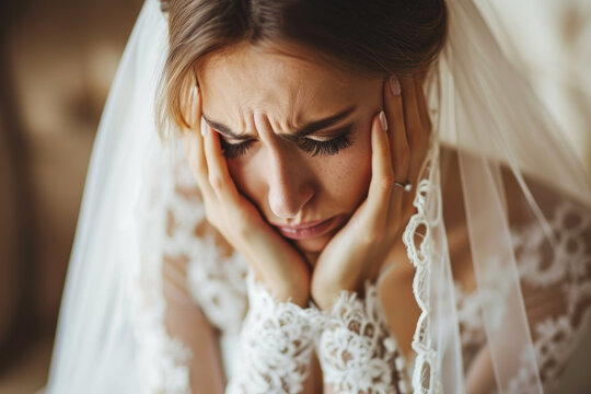 Distraught Bride in White Wedding Dress