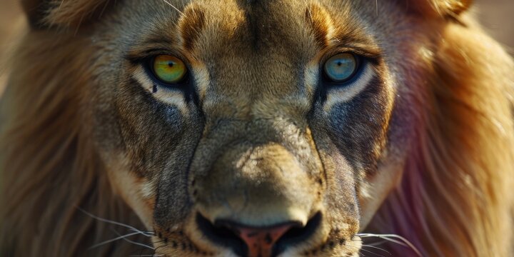 A close up view of a lion's face with piercing blue eyes. Suitable for nature, wildlife, and animal-themed projects