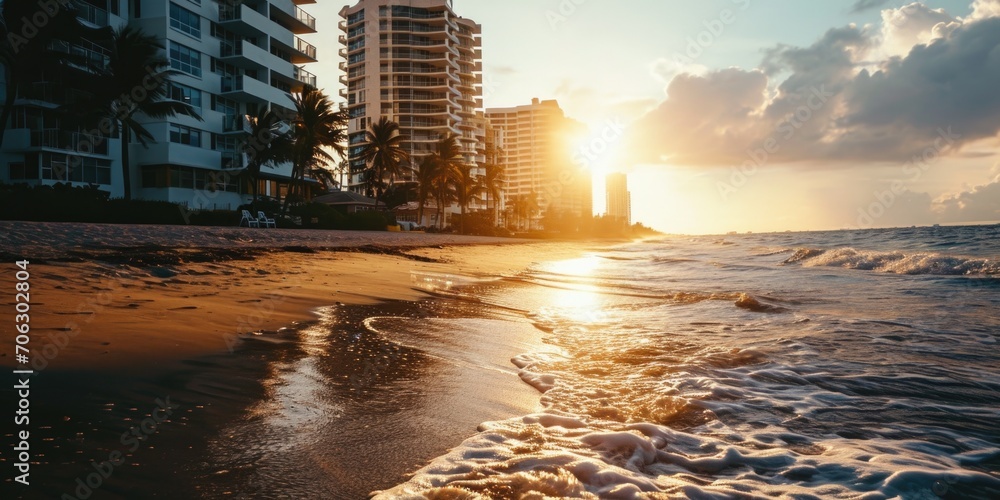 Poster a beautiful sunset over the ocean with buildings in the background. this image can be used to depict
