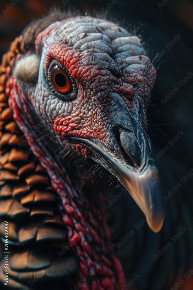 Poster a close-up shot capturing the detailed features of a turkey's face with a blurred background. this i