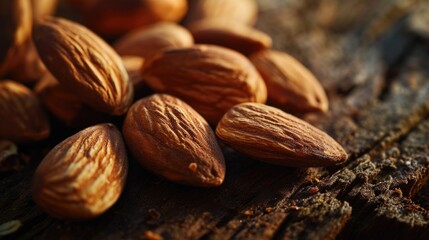 A pile of almonds sitting on top of a wooden table. Perfect for food and nutrition-related projects