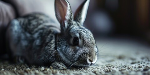 Naklejka premium A small rabbit peacefully laying on a cozy rug. Suitable for various uses