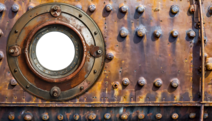 Closeup of a metal porthole of a nautical vessel made of rusty iron, on a metal grunge background. Isolated on white or transparent background, png. Generative Ai.
