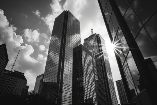 A black and white photo of towering skyscrapers in a city. Perfect for urban-themed designs or architectural projects