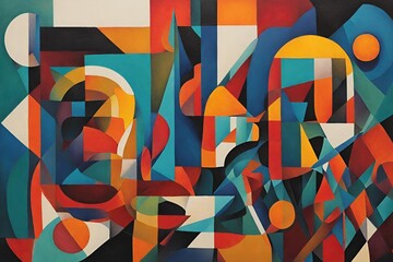 Art piece inspired by cubism with bold geometric shapes and vibrant colors