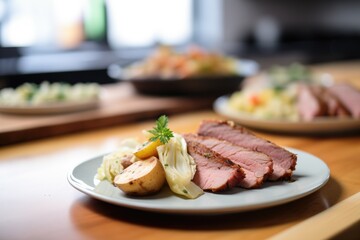 sliced corned beef on plate with steamed cabbage wedges - obrazy, fototapety, plakaty