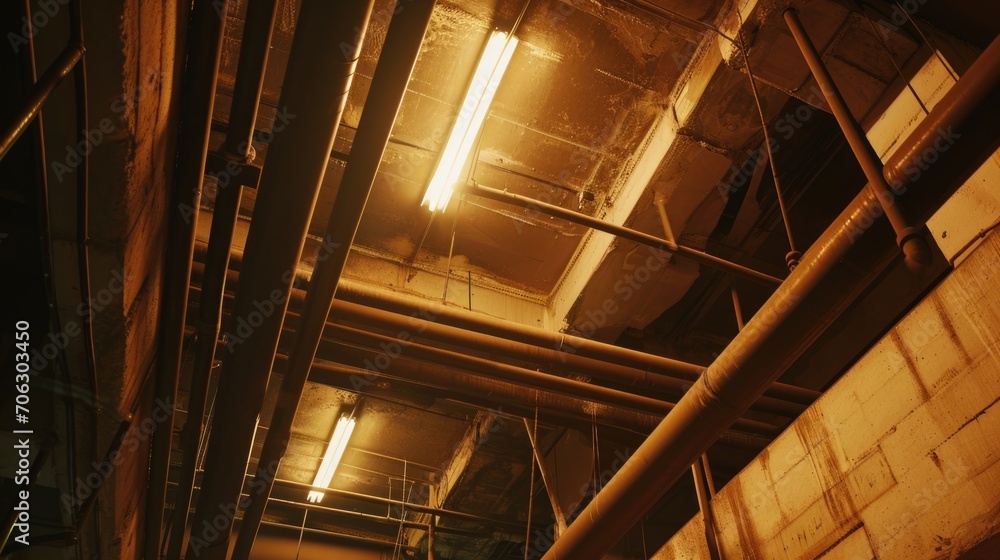 Poster a picture of a building with a complex network of pipes. suitable for industrial, construction, or e