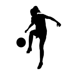 Silhouette of a female soccer player kicking a ball. Silhouette of a football player woman in action pose.