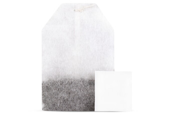 Tea bag with tag isolated on transparent background.