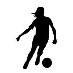 Silhouette of a female soccer player kicking a ball. Silhouette of a football player woman in action pose.