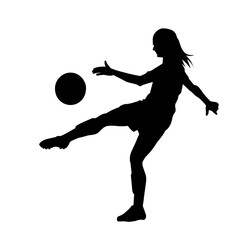 Silhouette of a female soccer player kicking a ball. Silhouette of a football player woman in action pose.