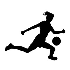 Silhouette of a female soccer player kicking a ball. Silhouette of a football player woman in action pose.