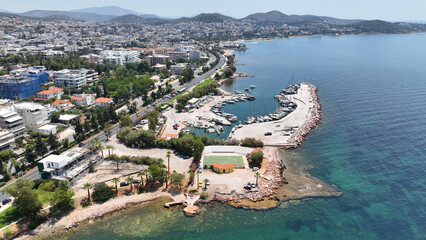 Aerial drone photo of famous seascape of Athens Riviera with crystal clear beaches, Voula, Saronic...