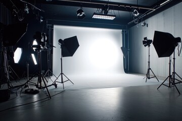 A photo studio filled with lights and lighting equipment. Ideal for professional photographers and those interested in studio photography