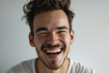 Fototapeta premium A man is captured in a moment of pure joy, with his eyes closed and a wide smile on his face. This image can be used to depict happiness, laughter, or positive emotions.