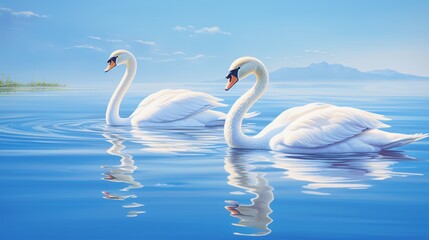 Two graceful swans gliding together on calm waters, their reflections creating a serene symmetry beneath the clear sky.