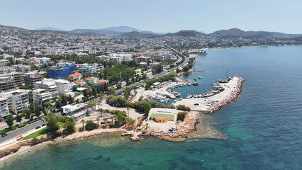 Aerial drone photo of famous seascape of Athens Riviera with crystal clear beaches, Voula, Saronic...