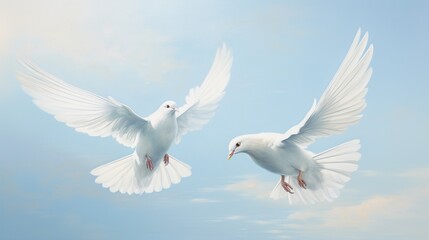 Two graceful white birds gliding in tandem against the backdrop of a serene blue sky, their flight capturing the essence of effortless beauty and natural harmony.