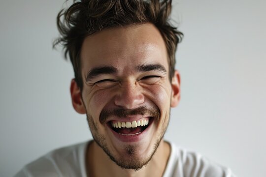 A man is captured in a moment of pure joy, with his eyes closed and a wide smile on his face. This image can be used to depict happiness, laughter, or positive emotions.