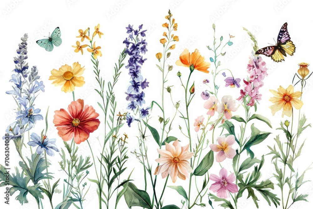 Poster a beautiful painting featuring a bunch of flowers and a vibrant butterfly. perfect for adding a touc