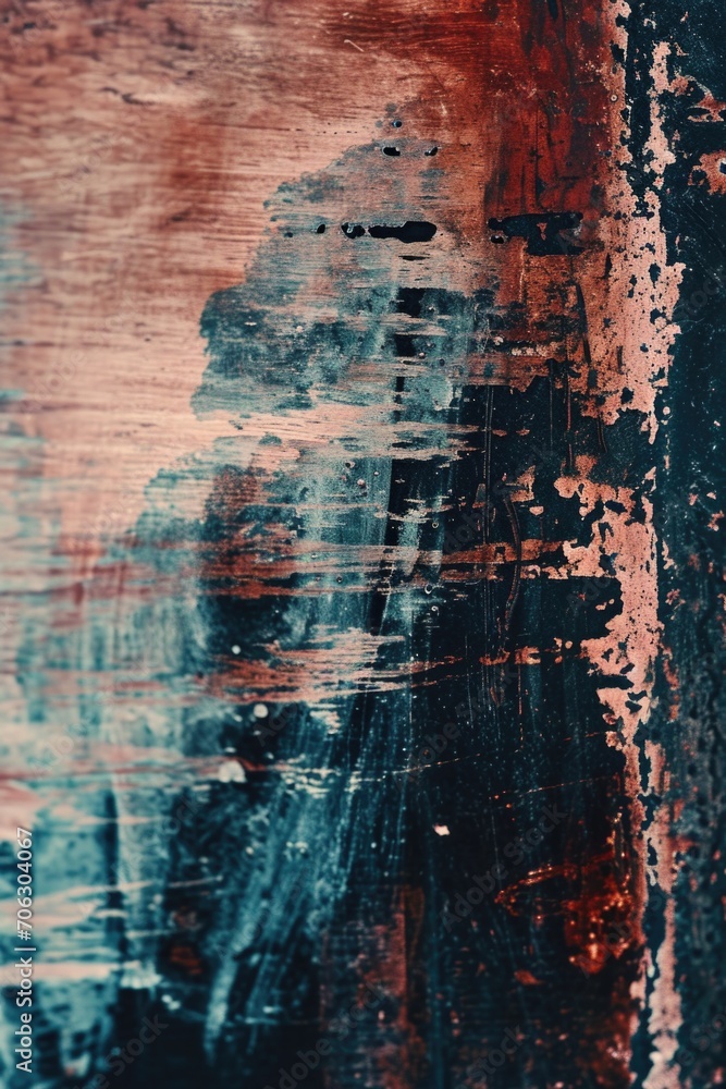 Poster A detailed view of a painting featuring vibrant red and blue colors. Perfect for adding a pop of color to any space