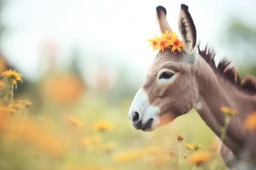 Zelfklevend Fotobehang perked ears donkey among spring flowers © stickerside