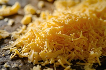 Shredded cheese piled on a rustic wooden table, perfect for food and cooking-related projects