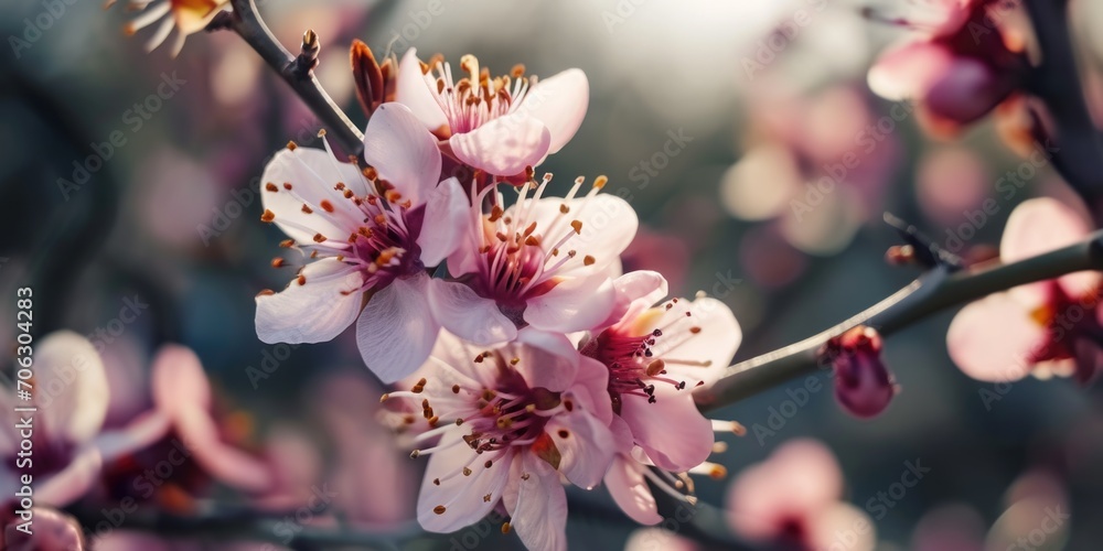 Poster a close-up view of a flower on a tree. this image can be used to depict the beauty of nature or as a