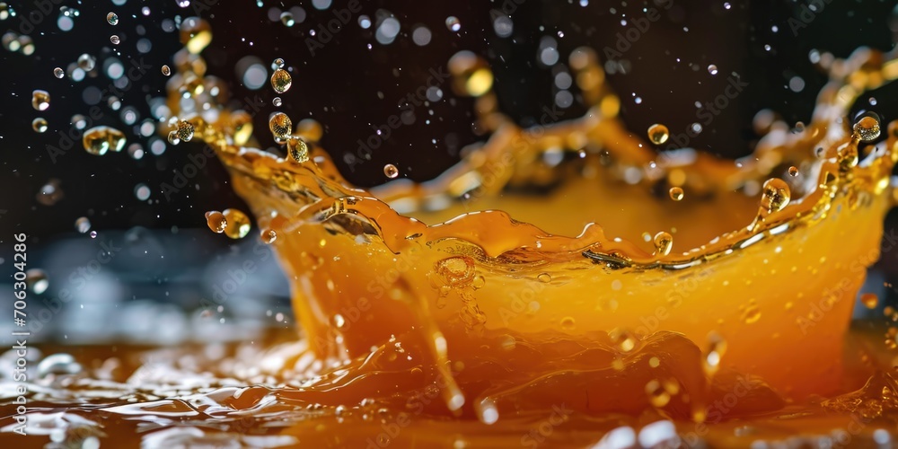 Poster a vibrant splash of orange juice on a rustic wooden table. perfect for food and beverage themes or r