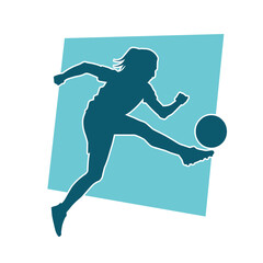 Silhouette of a female soccer player kicking a ball. Silhouette of a football player woman in action pose.