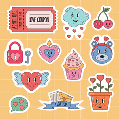 Clip art, Sticker pack of cartoon Valentine heart, gift, letter, cupcake, coupon, key, flowers. Sticker badges and labels, romantic themed holidays Valentine day pack. Romantic doodle vector icons.