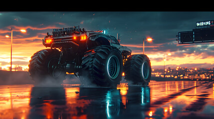 A monster truck stands on a wet road facing a busy city - obrazy, fototapety, plakaty