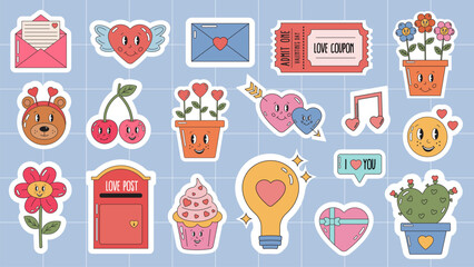 Clip art of Love Valentines day stickers pack in retro cartoon style. Letter, heart, love coupon, flower, berries, couple, cactus, post, emoji for scrapbooking, daily planner, diary. Valentine's day.