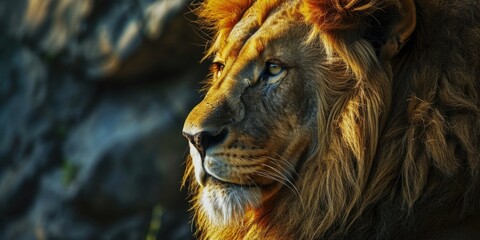 Naklejka premium A close up of a lion's face with a rock in the background. This image can be used to depict the power and strength of the lion in its natural habitat